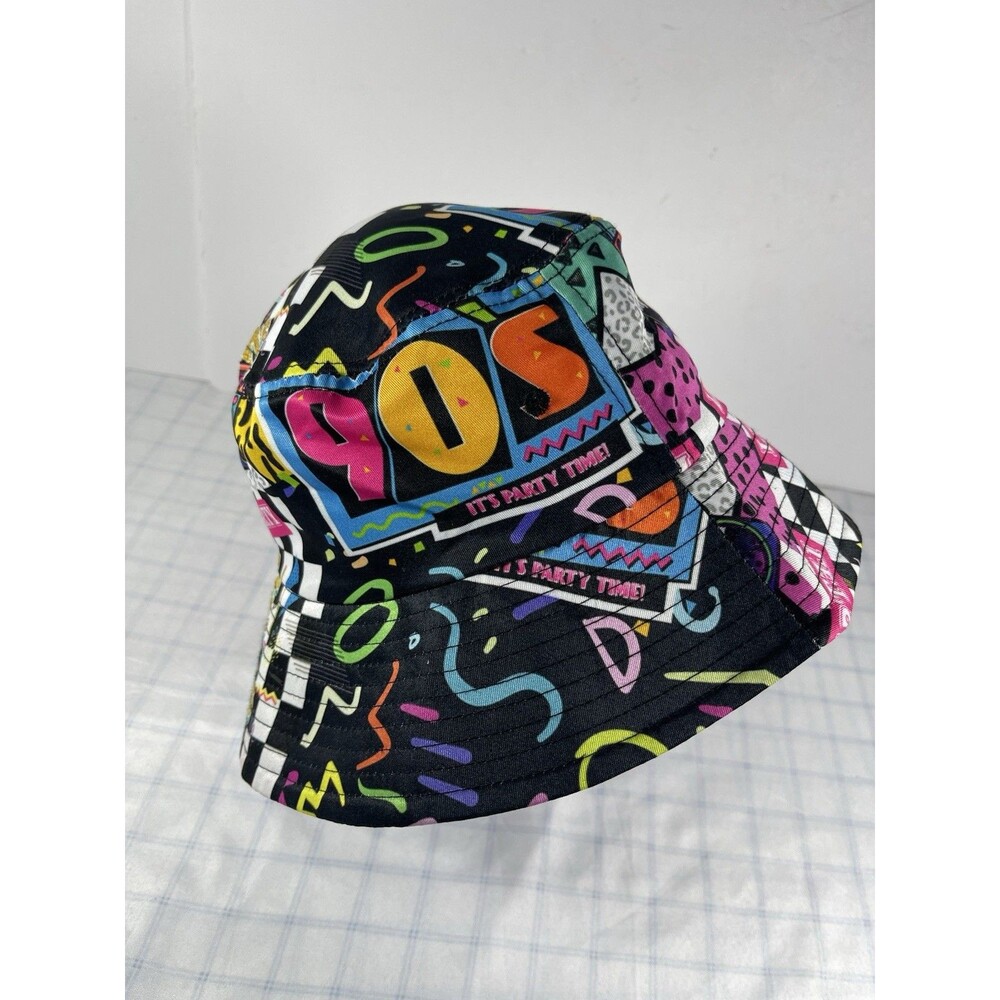 90s Theme Bucket Hat Retro Rave Party Festival Black Neon Unisex One size Flat